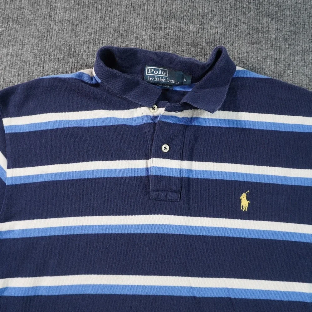 Polo Ralph Lauren Polo Shirt Mens Large Navy Blue Striped Short Sleeve Cotton